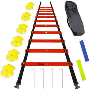 TOCO FERIDO 20ft Agility Ladder Set with 12 Rungs, 12 Sports Disc Cones, 4 Metal Pegs, 2 Resistance Bands, 1 Carry Bag - for Soccer, Football, Speed Training and Agility Training